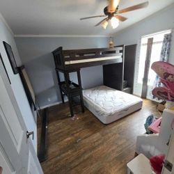 Twin loft bed with added full frame bed