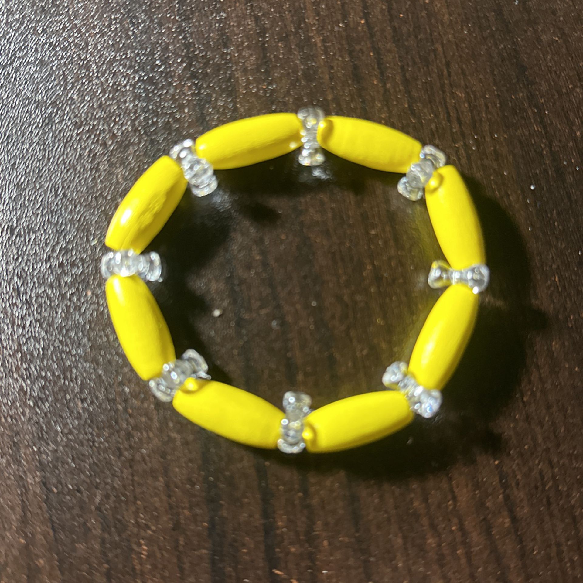 Yellow, Long Wood Beads With A Clear Star