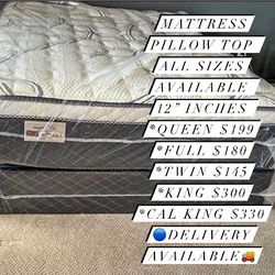 😴Mattress🥱 ✨Pillow top  ✨12” inches tall 💥Queen $199 💥Full $180 💥Twin $150 💥King $330 💥Cal king $330  💥Delivery available🚛 