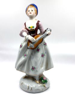 Vintage Victorian Lady Playing Guitar Porcelain Figurine Occupied Japan