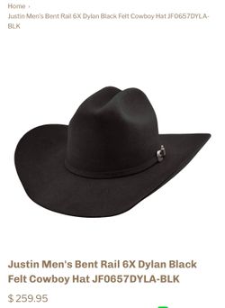 Justin Men's Bent Rail 6X Dylan Black Felt Cowboy Hat