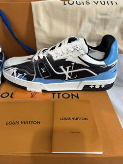 Louis Vuitton Blue/White Leather and Denim LV Trainer Sneakers Size 44 Louis  Vuitton