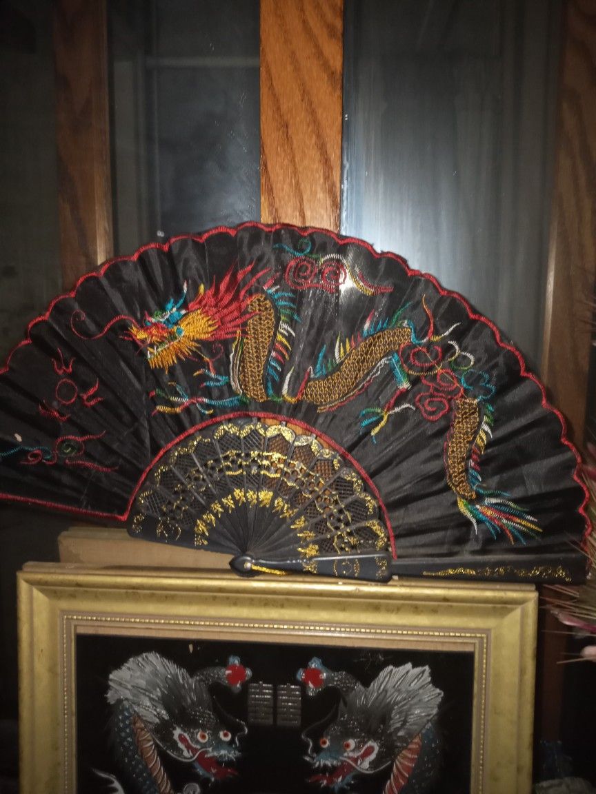 Vintage Oriental Dragon Embroidered Silk Fan