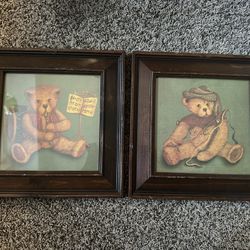 Vintage Pair Jester Musical Teddy Bear Art Print In Dark Wooden Square Frame Set