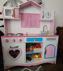 Kids Wooden Play Kitchen Set Pink