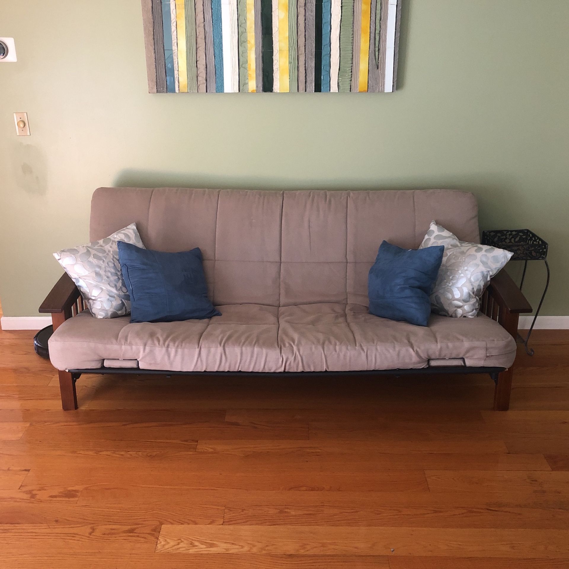 Futon: Beige, Wood And Metal Frame