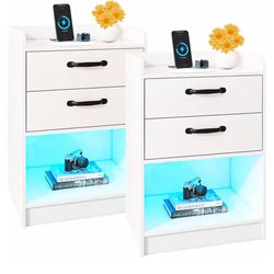 White Nightstand Set of 2 with Charging Station and LED Lights