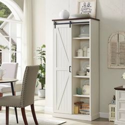 72" Tall Farmhouse Storage Cabinet, Large Kitchen Pantry With Sliding Barn Doors & Adjustable Shelves, Versatile Cupboard For Kitchen, Dining Room, Ba