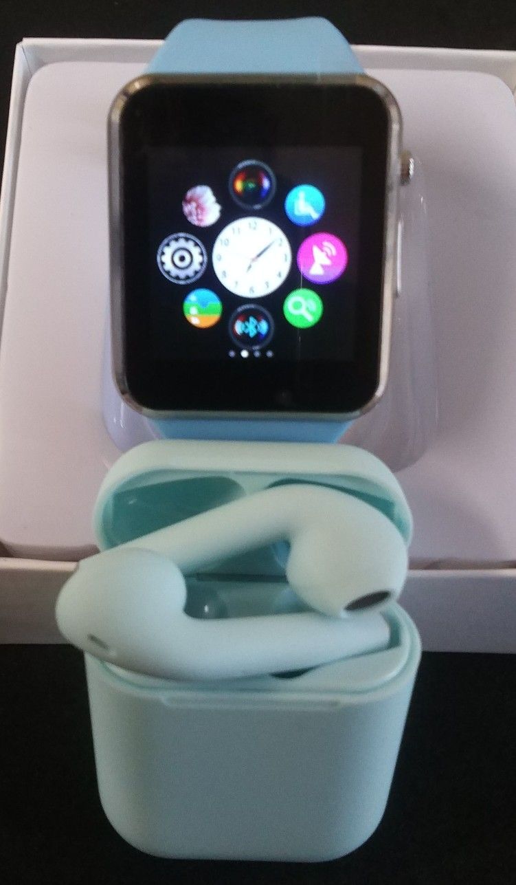 A-Series Powder Blue Smart Watch + 5.0 Wireless Earbuds 