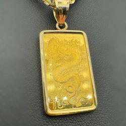 24k Gold 5 Gram Pamp Suisse Year of the Azure Dragon Bar Encased in 14K Gold bezel