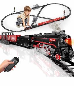 Large Train Set with Remote, 3Way Smoke, Light and Sound, Boy Gift Electric Train Sets - Locomotive, Train Track, RC Train for Christmas Tree, Model T