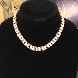 Trifari Milk Glass Brushed Gold Tone Choker Necklace 