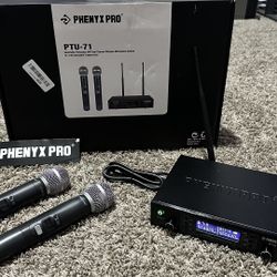 Phenyx Pro Wireless Microphone System Dual Wireless Mics,w/ 2 Handheld Dynamic Microphones, 2x100 Adjustable UHF Channels, Auto Scan,328ft Range,Micro