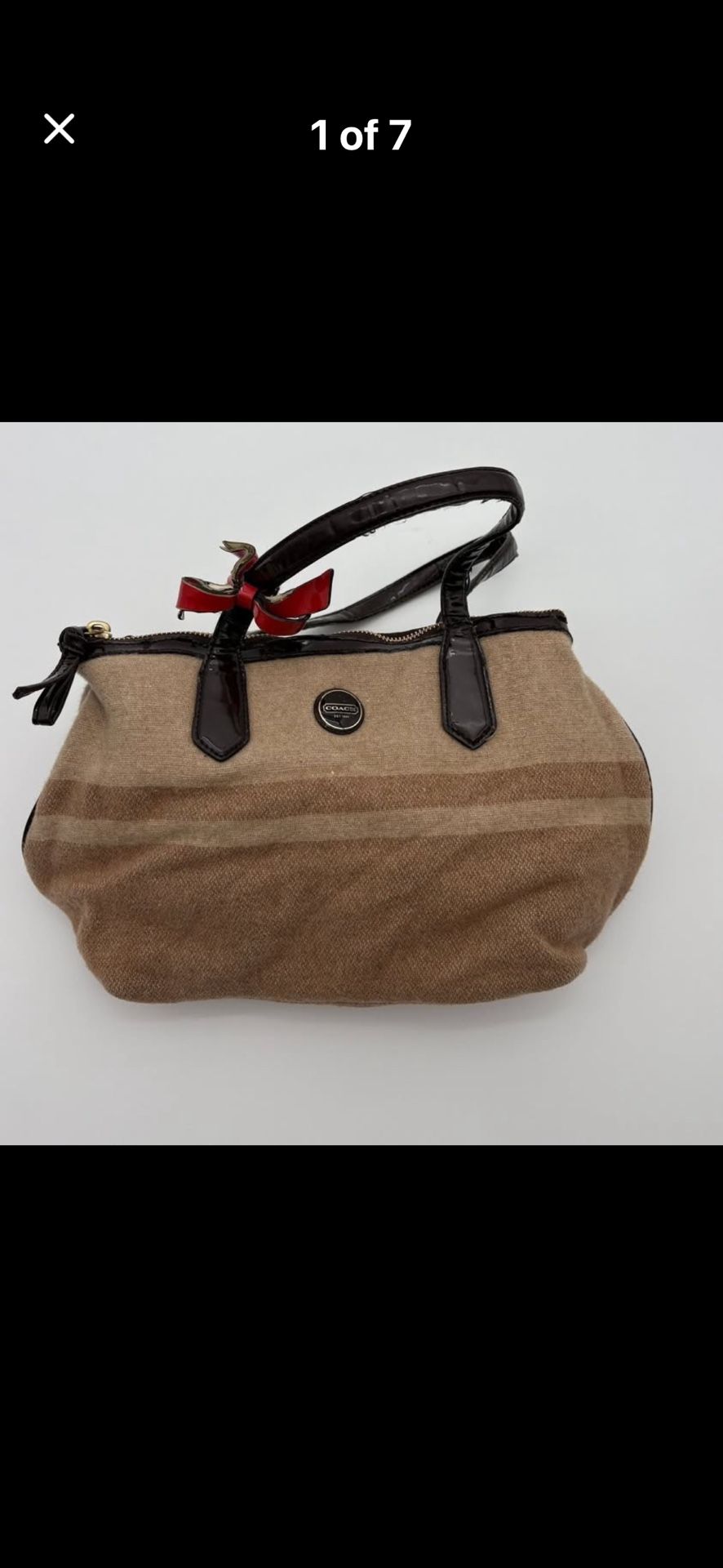 COACH Wool Blend Stripe Satchel Handbag Brown Leather Trim Red Bow Detail