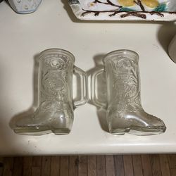 Pair of Vintage Cowboy Boots Glass Mugs - Set of 2 - Western Embossed Beer/Drink Mugs - Great Condition!