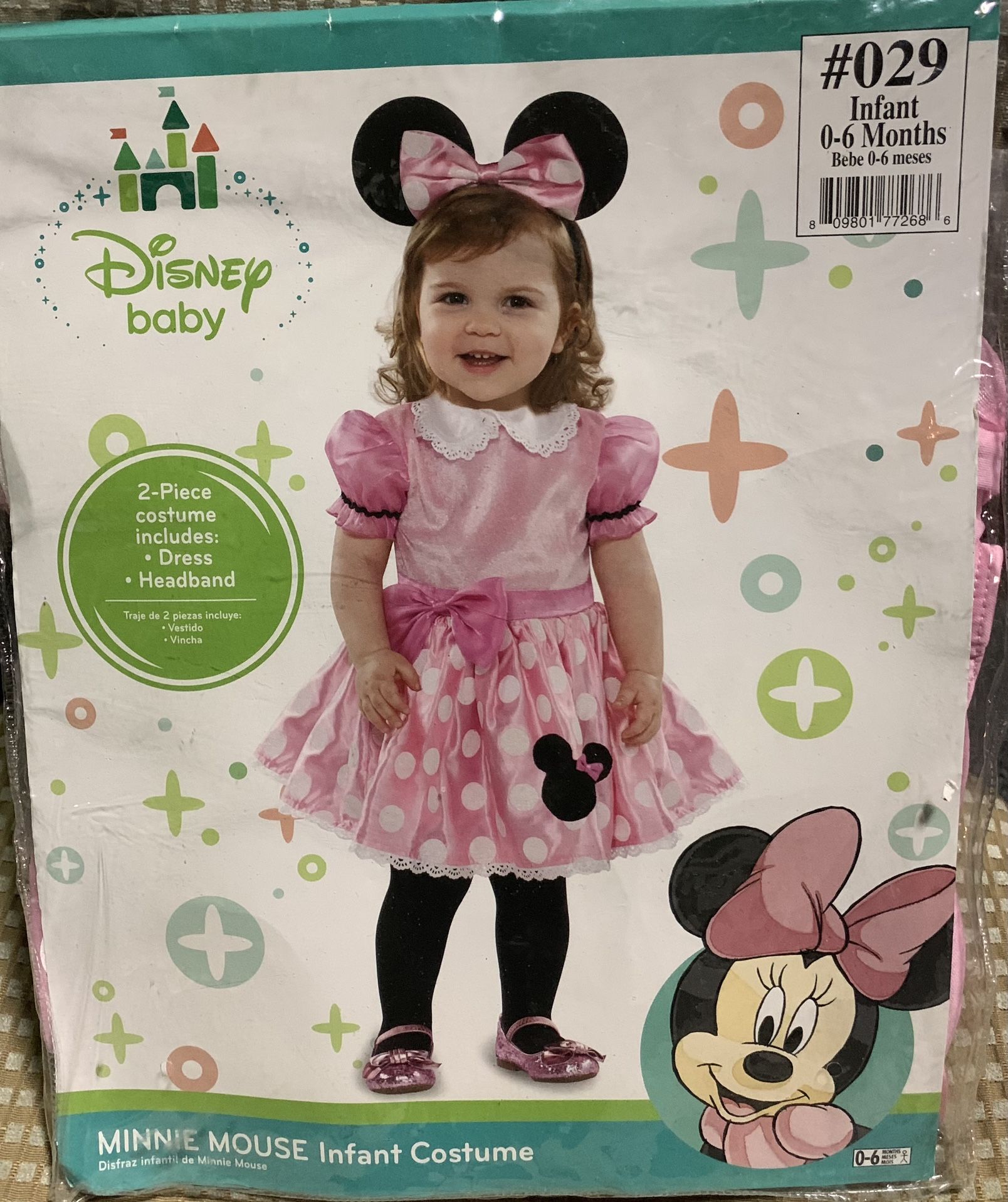 New Disney Baby Minnie Mouse infant girl fits 0/3 or 3/6 month pink dress and ears headband costume