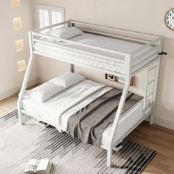 White Metal Bunk Bed Twin Over Full Size with Removable Durable Ladder