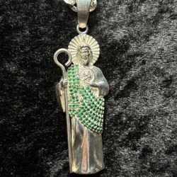 New 925 Mexican Silver San Judas Pendant w/ Green CZ