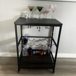 Wooden Rolling Bar Cart