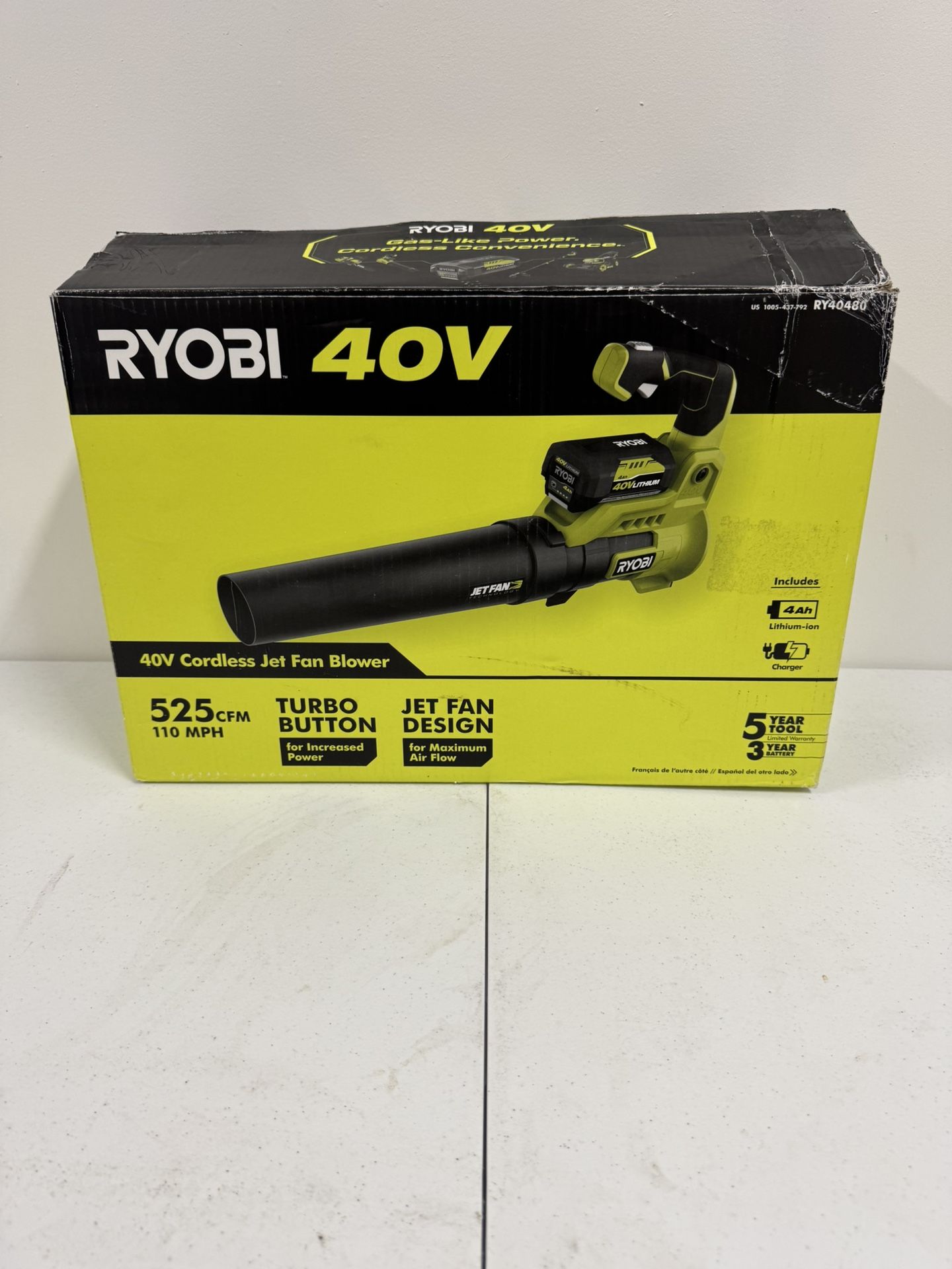 RYOBI 40V Cordless Jet Fan Blower With 40V Ah Battery Charger