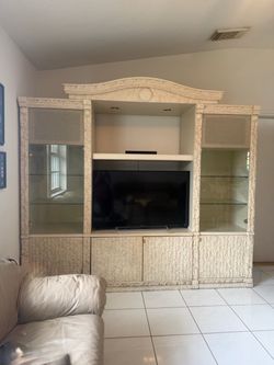 Large Textured TV Entertainment Center with Glass Display Cabinets