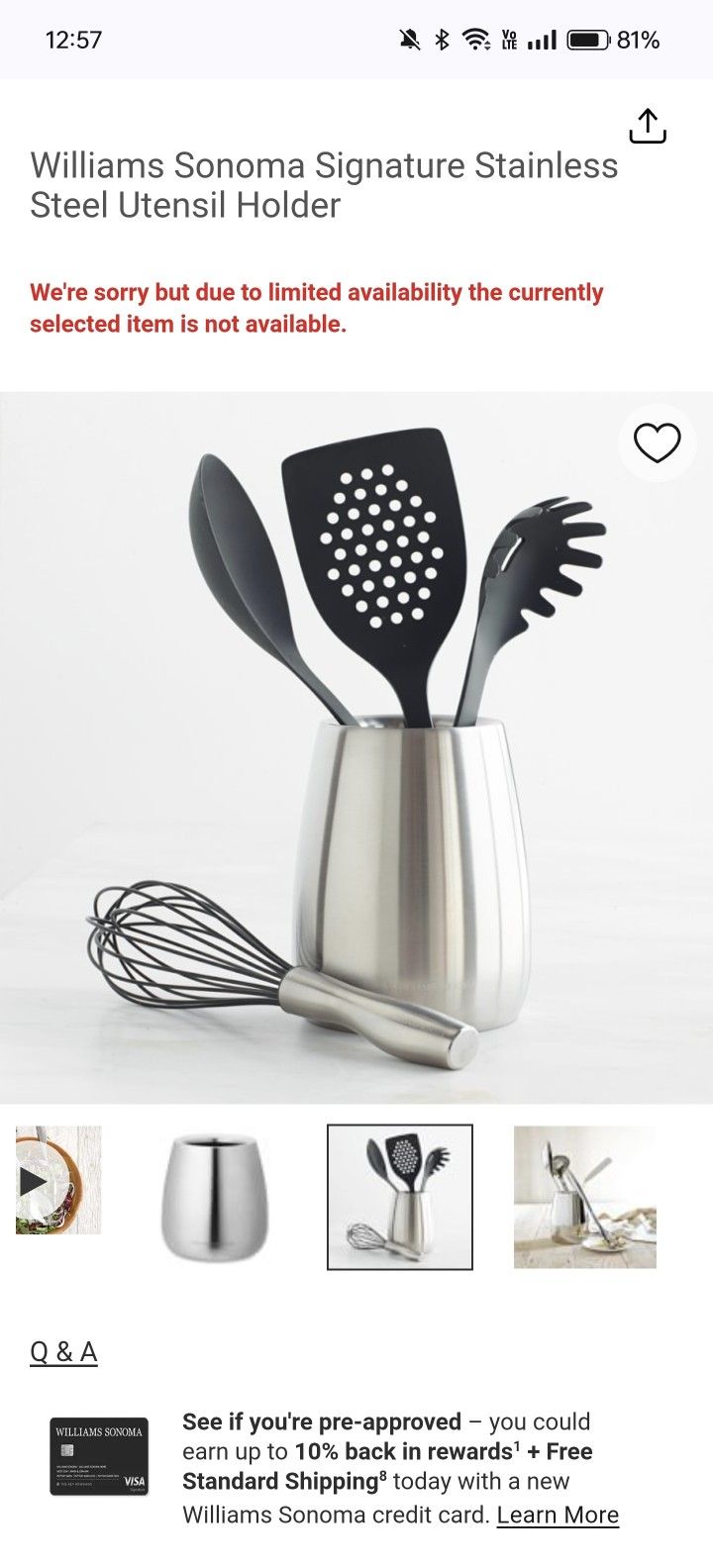 Williams Sonoma Signature Stainless Steel Utensil Holder