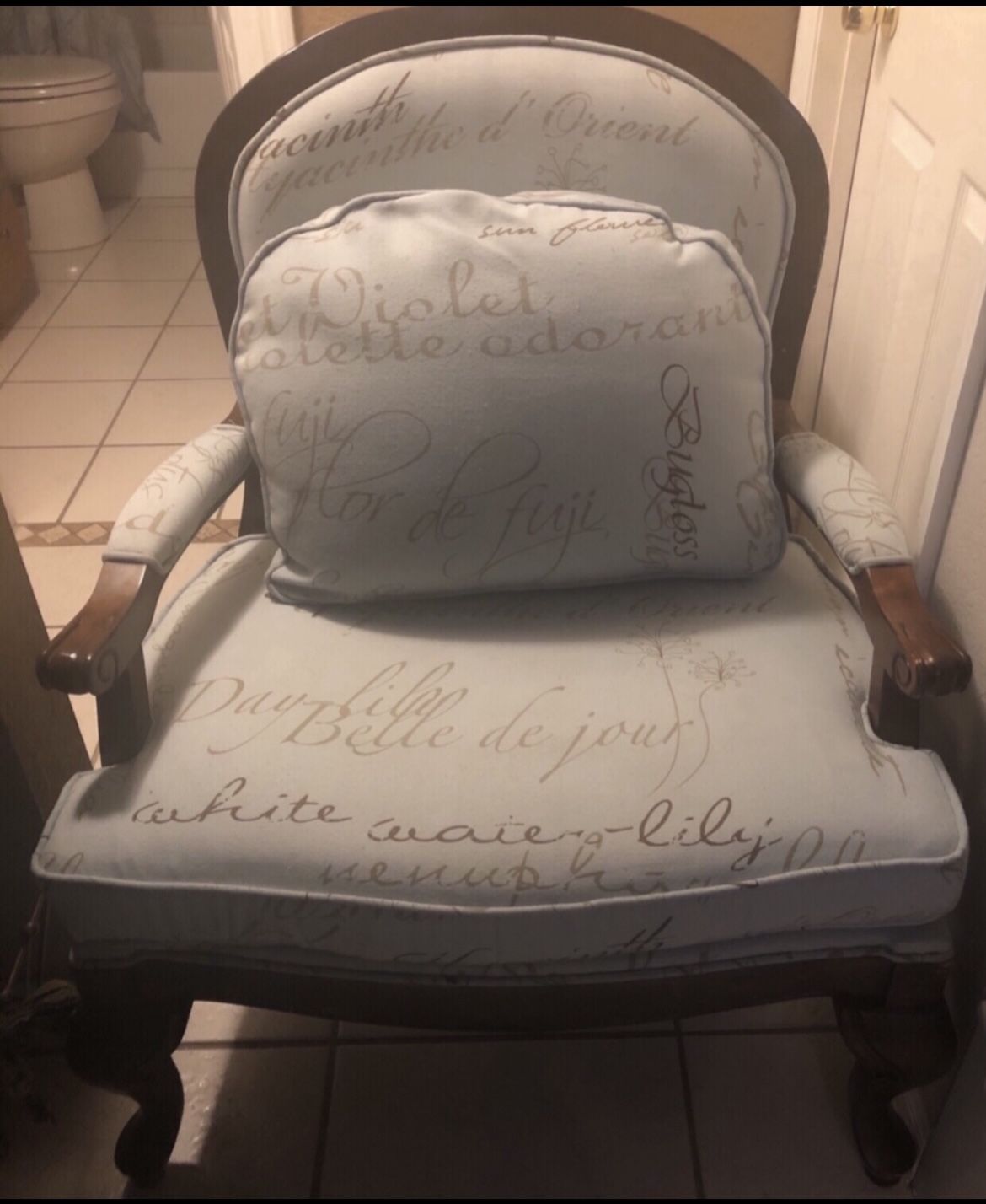 Blue Cushioned Wooden Chair 19 Inches High To The Front Cushion 40"Tall To Back Wood, 28 1/4 inches wide from seat handles 