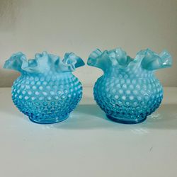 Two Fenton Blue Opalescent Hobnail Vintage Vases