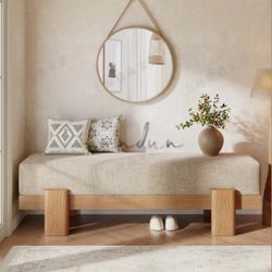 Beige Linen Upholstered Entry Bench, Solid Wood Padded Shoe Ottoman for Foyer & Bedroom