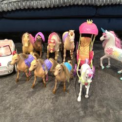 BARBIE HORSES, CARRIAGE, CAR