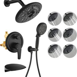 SHAMANDA Luxury Tub Shower Faucet Set with Round-in Valve, Wall Mounted Shower System with Waterfall Tub Spout and 6-Setting Rain Shower Head with 9-S