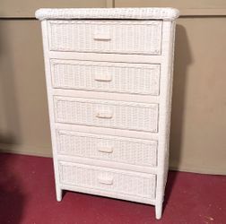 Vintage Wicker 5-Drawer White Dresser –Tall Boy Coastal Boho Rattan Chest of Drawers
