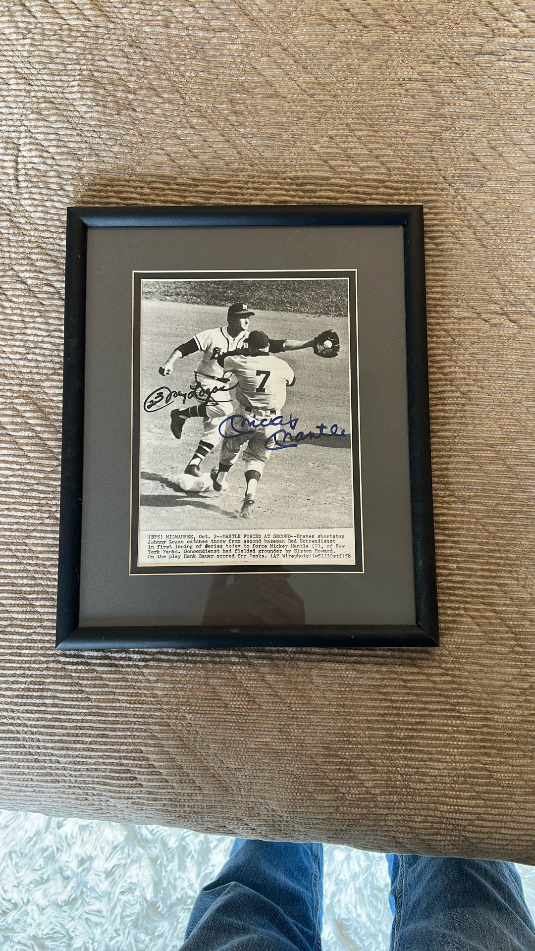 Mickey Mantle & Johnny Logan A piece of history. New York Yankees and Milwaukee Braves Autogra Photo 1957 World Series - Framed And Matted Under Glass