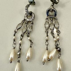 Vintage style silver and faux pearl dangle earrings. 