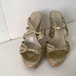 DIOR METALLIC,  GOLD CORK WEDGE SANDALS SIZE 37.5