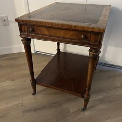 Antique Leather Top Wooden End Table With Drawer