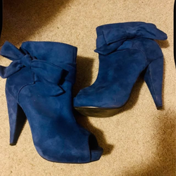 Blue Suede Like Ankle Boots with Bow Detail