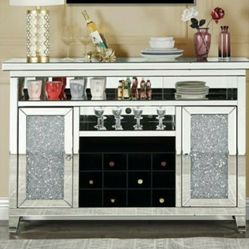 Mirrored Wine Cabinet 41 Inches Tall!! Faux Crystal Inlay 4 Modes Of Atmosphere Lights Controlled With Remote Firm Price $1,300 Financing Available 