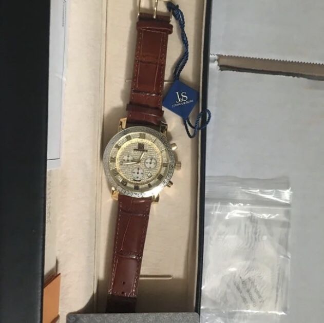 Men’s joshua & sons Imperial Full Pave Dial Beaded Bezel Leather JS-28 Watch NWT