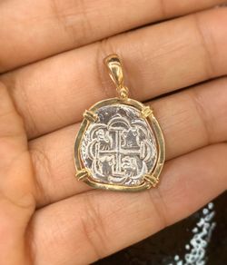 Atocha silver coin pendant in 14k gold bezel
