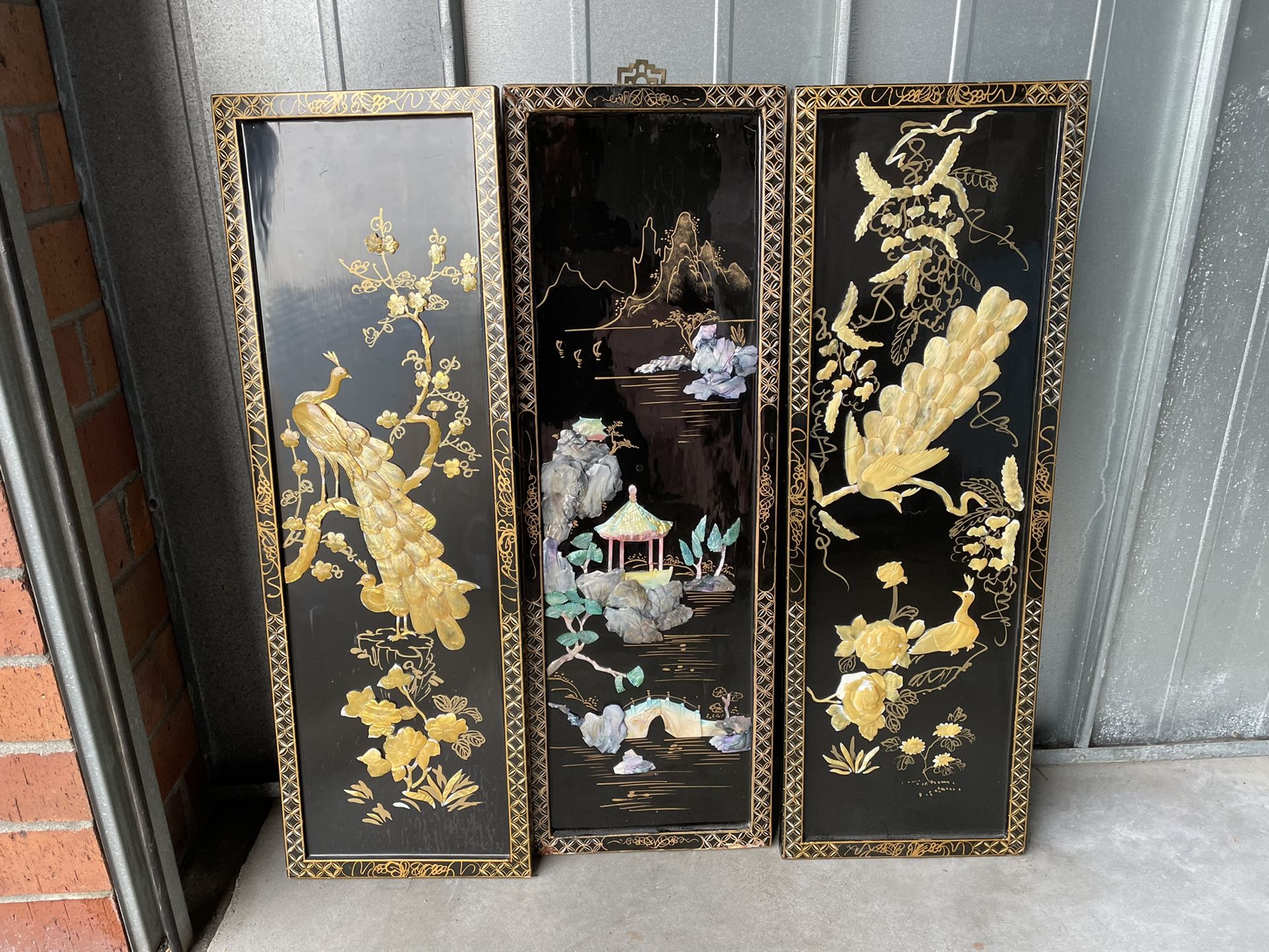 Oriental Black Lacquer Wall 3 Panels, and 6 Panels Of Chinese Wall/ room Divider