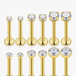 SCERRING 6 Pairs 14G Stainless Steel Clear CZ Internally Threaded Labret Monroe Lip Tragus Cartilage Helix Earring Ring Body Piercing Jewelry 6-10mm