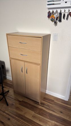 Light wood storage cabinet with drawers and doors