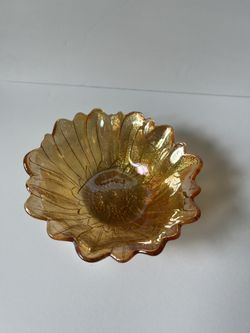 Amber Iridescent Flower Glass Bowl, Decorative - $5