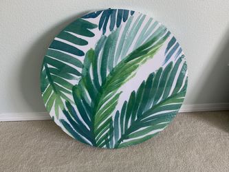 Large Circle Canvas Art - Leaves Green Blue Plants