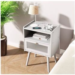 New Mid-century Modern Nightstand, white, with charging ports