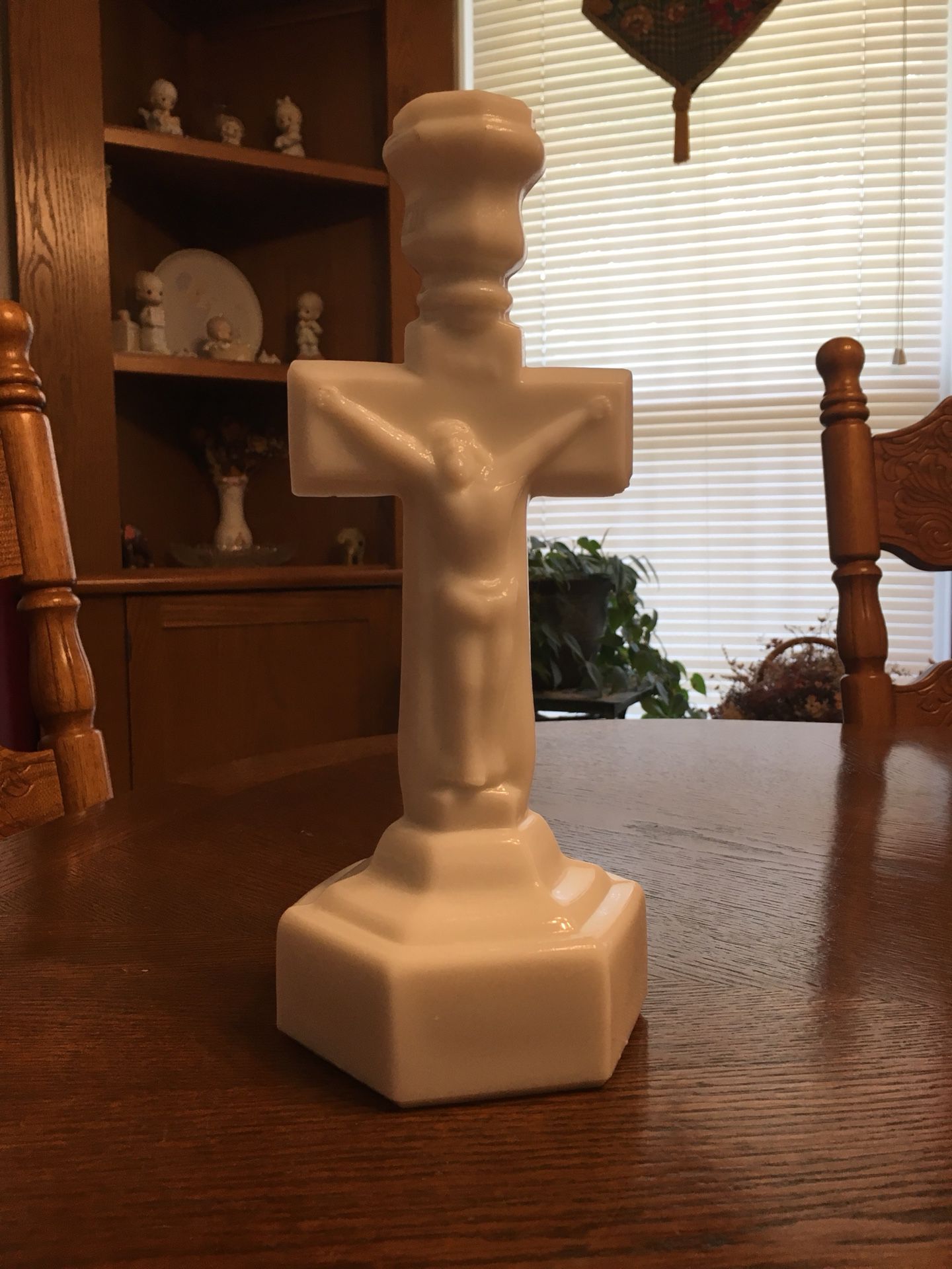Antique Milk Glass Catholic Crucifix Candle Holder