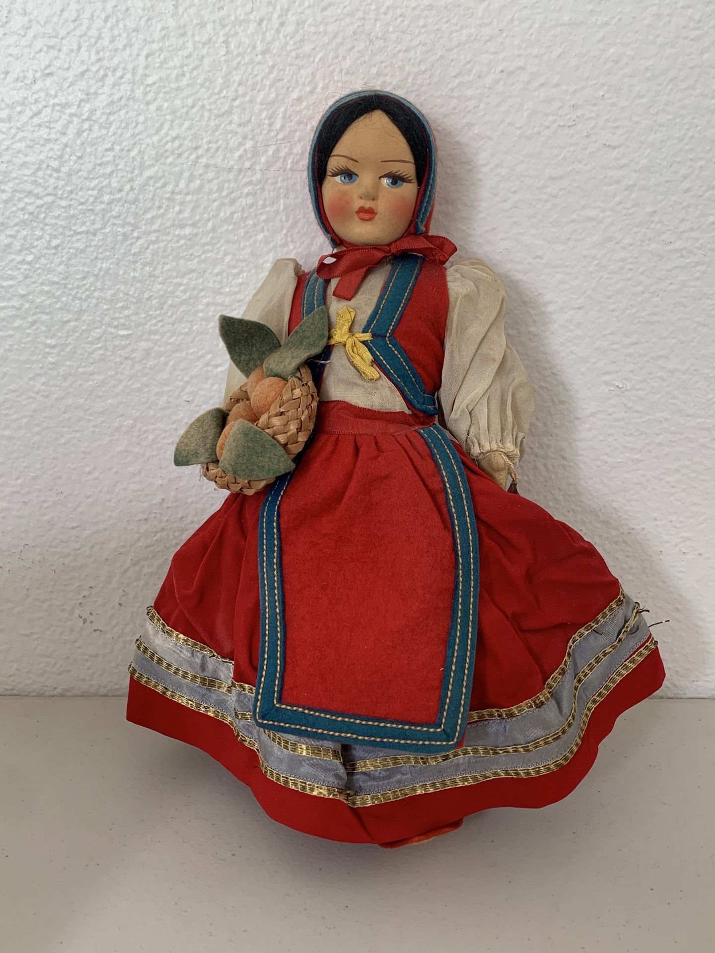 Eros Italy doll hand painted face looks like Little Red Riding Hood Vintage