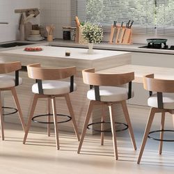 0929 Swivel Bar Stools Set of 4, 26" Upholstered Counter Height Bar Stools with Footrest, Modern Barrel Bar Chairs Wood Barstool with Linen Seat for D