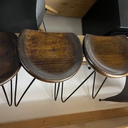 2 Wooden Stools With Steel Legs 